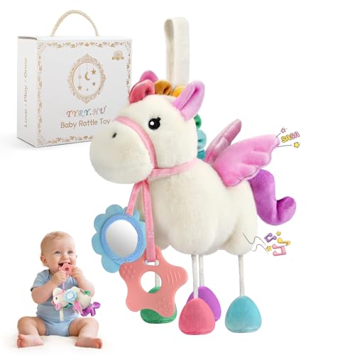 TYRY.HU Juguete Sonajero para Carrito y Cuna,Pony de Peluche Sensorial,Papel Crujiente, Mordedor y Espejo, Juguete para el Desarrollo del Bebé 0 3 6 12 Meses