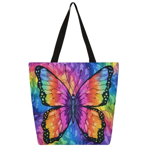 Colourful Abstract Butterfly Large Capacity Canvas Tote Bag Stylish Handheld Shoulder Bag Reusable Shopping Bag for Work Travel Beach Trips Shopping