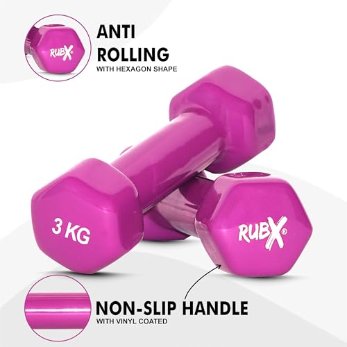 Image of RUBX Premium Unisex (Set for Men & Women) Vinyl Dumbbells Set of 2 |Ideal Home & Gym Workout | Fitness Gym Equipment for Strength Training, Bodybuilding, & Aerobics (3+3=6kg (PURPLE), 3 KGS Each)