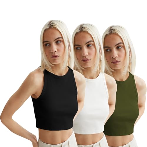Image of KERI PERRY Tops for Women Crop Top for Women's Tank Activewear Tee Sports Western Casual Cotton Camisole Pack of 3 Combo