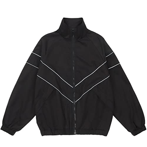 Men Streetwear Reflective Striped Track Jacket Coat Zipper Up Windbreaker