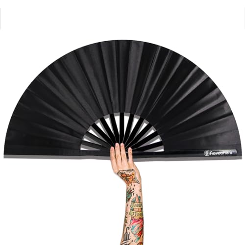Raveahem 13 Large Rave Fan Bamboo Folding Clack Hand Fans Foldable for Men Women Poping Fan for EDM Festival Line Dance Decoration (Black2 Large 13)