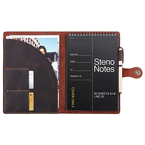 Fasjosma Leather Folio Cover for 6"x9" Steno Pads, Handmade Leather Cover for A5 Size Notebook with Pen Loop, Leather Cover Compatible with Rocketbook Flip Executive Size,Coffee Cover