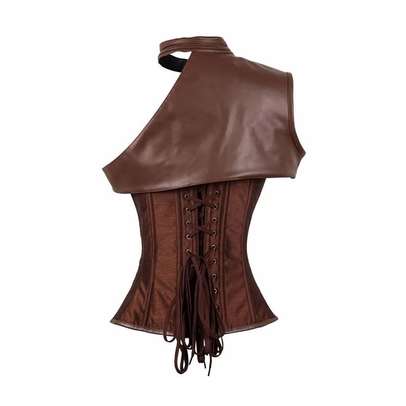 Brązowy gorset vintage gotycki w stylu steampunk, kurtka w stylu burleski, pancerz na ramionach, bolerko overbust, gorset ze stalowymi fiszbinami