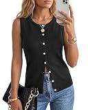 Arach&Cloz Women's Vest Tops 2026 Summer Sleeveless Sweater Knit Tank Tops Spring Wool Blend Crew Neck Button Down Trendy Business Casual Outfits Black XL