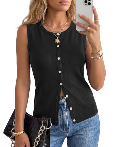 Arach&Cloz Womens Vest Tops 2026 Summer Sleeveless Sweater Knit Tank Tops Spring Wool Blend Crew Neck Button Down Trendy Business Casual Outfits Black L