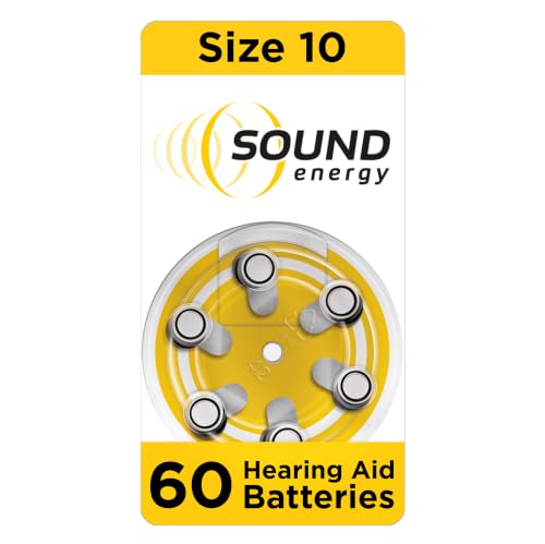 Image of Energizer Sound Energy - Hearing Aid Batteries Size 10 (60 Pack) – Long Lasting Zinc Air Power - Easy Installation - Mercury & Cadmium Free - Made in UK - 4 Year Shelf Life [Amazon Exclusive]