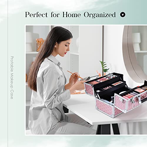 Joligrace Makeup Train Case Professional Cosmetic Organizer Aluminum Storage Box With 4 Adjustable Dividers Trays Lockable Portablewith Shoulder Strap - Neutral Pink #TOP6