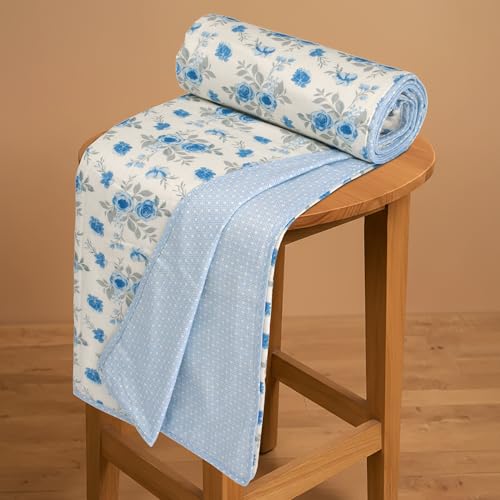Image of HUESLAND 100% Cotton Reversible Dohar Single Bed Cotton | Soft Cambric Weave, Lightweight AC Blanket for Summer & All Weather Use | 56 x 89 inches, Floral Medley - Ivory & Blue