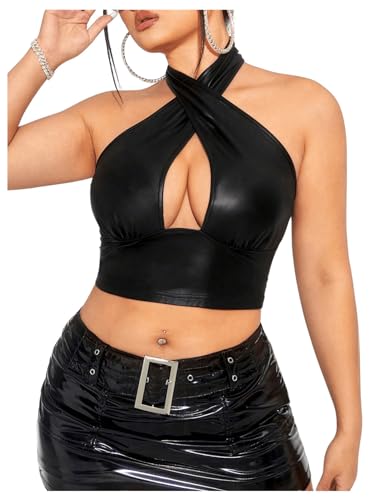 OYOANGLE Women's Plus Size Leather Criss Cross Crop Halter Top Cut Out Backless Tank Tops Clubwear4
