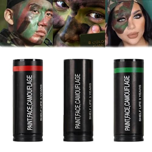 3Pcs Camo Face Paint Kit - Black & Brown & Green Face Paint Sticks - Waterproof & Sweatproof Face Painting for Baseball Football Athletes Halloween Cosplay Costume Party Makeup