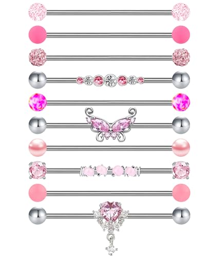 10Pcs 14G Industrial Piercing Jewelry Surgical Steel Industrial Barbell Earrings for Women Helix Cartilage Piercing Earrings