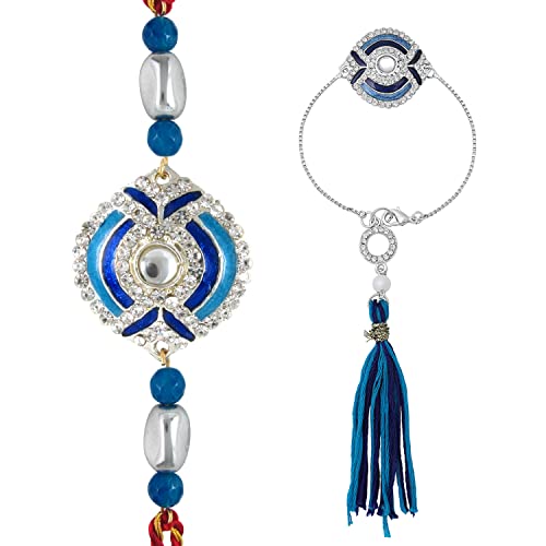 Image of Mahi Bhaiya Bhabhi Rakhi Set with Crystals and Meenakari Work Bracelet Style Lumba - Rakhi for Brother and Bhabhi(PARCOL1105339PR)