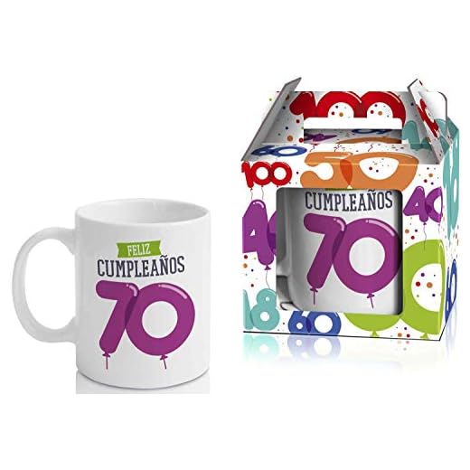 Taza Cerámica para Desayuno en Color Blanco de 300 ml, Un Regalo Original para Aniversarios - "Feliz 70 Cumpleaños"