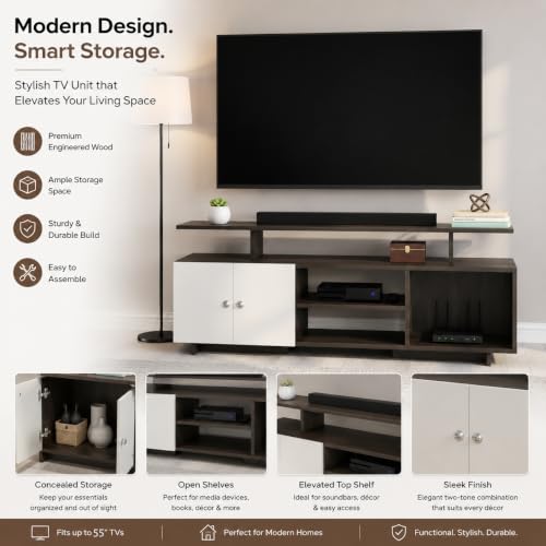 Image of FURNEASER Eskido Engineered Wood TV Entertainment Unit, Floor Standing TV Cabinet with Storage Shelves for Living Room, TV Stand for 32,43,50 & 55 Inch TV (Exotic Teak & White) (Wenge & White)