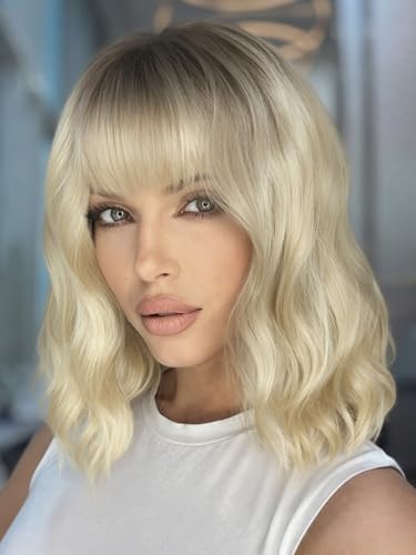 WIGER Short Ombre Ash Blonde Wave Hair with Bangs Synthetic