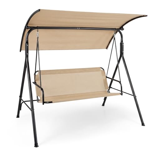 Image of Tangkula 3 Person Porch Swing, Patio Swing with Adjustable Canopy, 800 lbs Heavy-Duty Metal Frame & Breathable Fabric Seat, Outdoor Swing for Backyard Lawn Deck