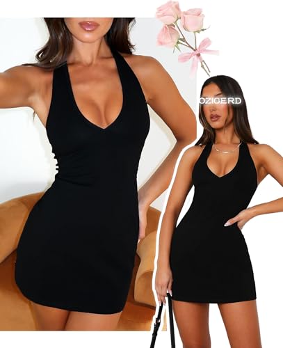 Image of OZICERD Bodycon Halter Mini Dresses for Women Going Out Club Dress Backless V Neck Summer Short Dress Cocktail Party Dresses