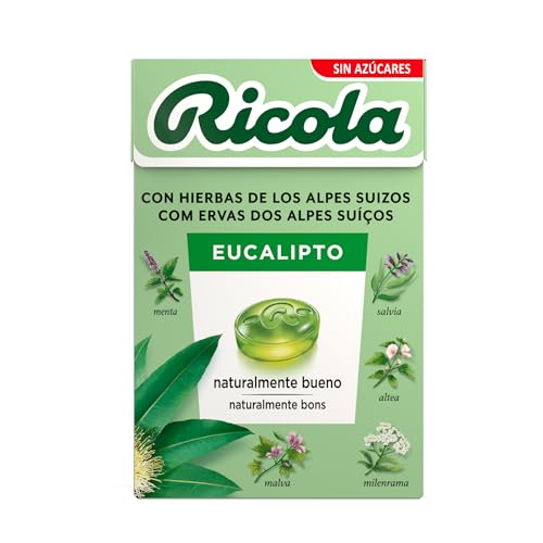 Ricola - Eucalipto, Caramelos Duros Sin Azúcar, Refresca, Alivia la Garganta y la Respiración, con Aceites Esenciales de Menta y Eucalipto y 13 Hierbas Suizas, con Edulcorantes - Caja 50 g