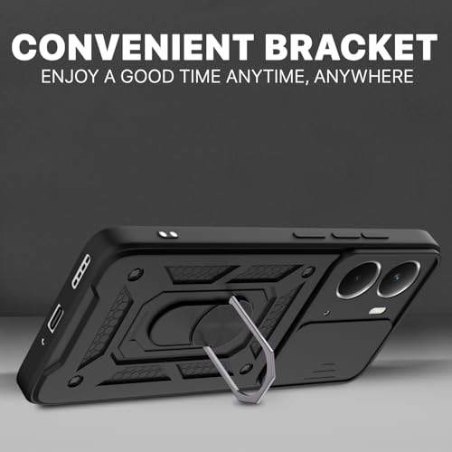 Image of Outlouders Back Cover for Realme P3 5G | D10 Tough Armor 360 Protection Case with Sliding Camera Shield & Ring Holder Stand Bumper Case (Black)