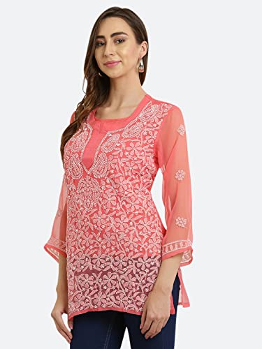 Image of FAWOMENT Women's Pure Georgette Handcrafted Lucknowi Chikankari Embroidery Short Kurti for Office Wear College Party Daily Casual