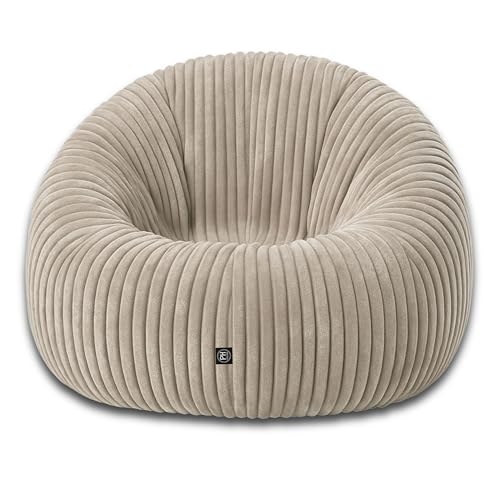 PATCH HOME Deluxe 2 in 1 Cord Sitzsack Sessel Bean Bag – Gaming Sitzsäcke für Erwachsene & Kinder mit Reißverschluss – Bereits befüllt – Ideal zum Sitzen und Liegen (Creme, Ø155 cm)