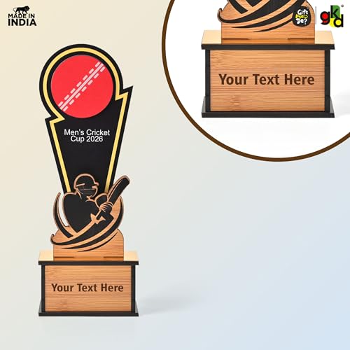 Image of GKD Wooden Cricket Trophy for Winners - Men's Cricket Cup Memento for Tournaments, Corporate Events & School Competitions | Self-Customizable with Stickers (Men 12 Inch)