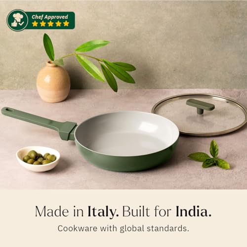 Image of Ember Cookware Arcilla Ceramic Frying Pan 24 cm with Glass Lid | 5-Year Warranty | 75% Less Oil Usage | Lightweight, Non-Toxic Non-Stick Ceramic Frypan | Matching Handle- Gas Compatible | Green