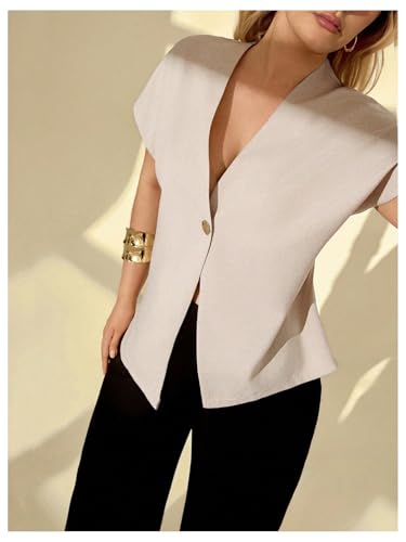 WDIRARA Women's Plus Size V Neck Button Asymmetrical Hem Blouse Short Sleeve Blazer Work Business Jackets4