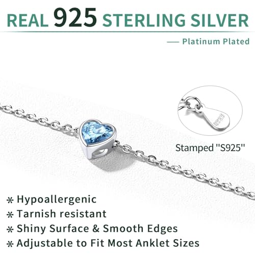ChicSilver Aquamarine Sterling Silver Anklet - Elegant Wedding Accessory for Brides - Heart-Designed Birthstone Ankle Bracelet - Image 4
