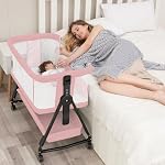 3 in 1 Baby Bassinet, Pink Bedside Bassinet Sleeper with 7 Height Adjustable, Bedside Cribs with Storage Basket and Wheels for Newborn, Easy Folding, Jestonten | Breathable
