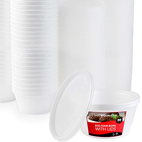 Stock Your Home 8 Ounce Foam Bowls with Lids (50 Count) - Styrofoam Bowls with Lids - Insulated to Go Foam Cups - to Go Containers for Soup, Oatmeal, Ice Cream, Delis, Cafes, Restaurants