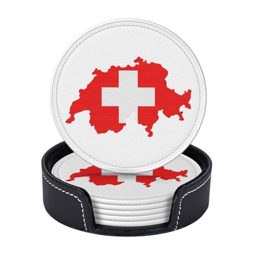 Lot de 6 sous-verres ronds en cuir synthétique avec support, motif carte du drapeau suisse