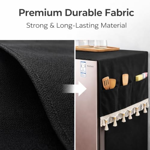 Image of Fridge Cover Top with Tassel Lace for Double Door Refrigerator - Washable, Water-Resistant Polyester Refrigerator Cover Top with 6 Side Pockets for Kitchen Accessories, Dustproof (Black)