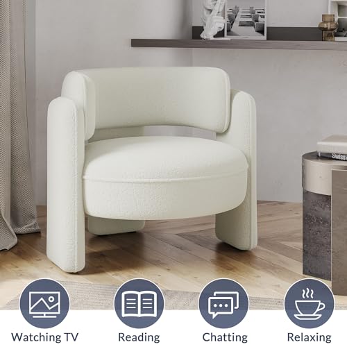 Image of BELLEZE Sherpa Boucle Chair Set of 2, Modern Barrel Accent Chair Comfy Round Upholstered Armchair Accent Side Chair for Living Room, Bedrooms, Corner - Quinton（White）