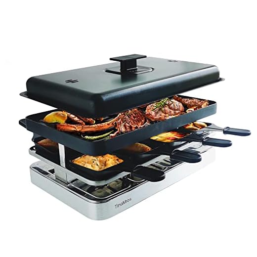 TinaMros 3 Layers with Lid 1500W Portable Non-Stick Reversible 2 in1 Electric Raclette Grill Table for 8 Paddles and Person