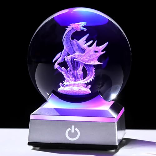 Image of Ornalrist 3D Dragon Crystal Sphere Gifts for Women Men Kids with Colorful LED Light Base 3.15 inch, Dragon Night Light for Boy Girl Xmas Cool Dragon Figurines Home Decor