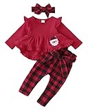 Baby Girl Clothes Christmas Outfit 12-18 Months Girl Outfit Toddler Baby Ruffle Shirt Top Plaid Pants Set 3Pcs Girl Winter Outfit Cute Infant Little Girls Outfits Red