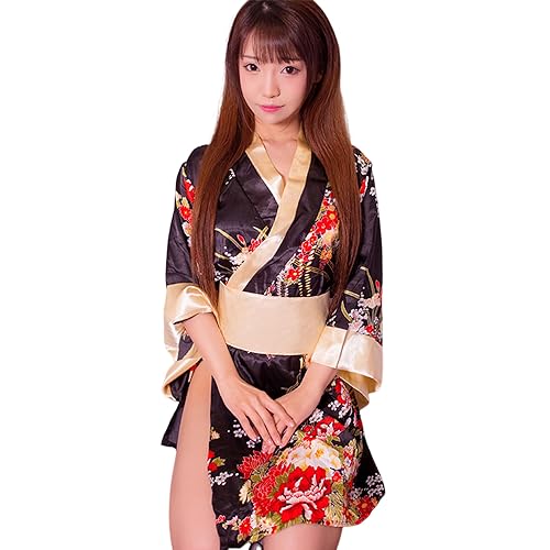 Temptshow Disfraz de kimono sexy japonés para mujer, bata de baño de geisha, disfraz de anime (negro1)