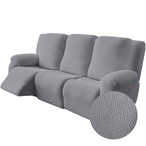 Best Couch Fabric for Pets And Kids: Durable, Stylish, and Easy-to-Clean Choices 5 Genina Recliner Sofa Covers - Stretch Reclining Couch Covers with Stripe Jacquard - 3 Seat Cushion Slipcovers with Soft Fabric - Furniture Protector for Pet Kid (Light Gray)