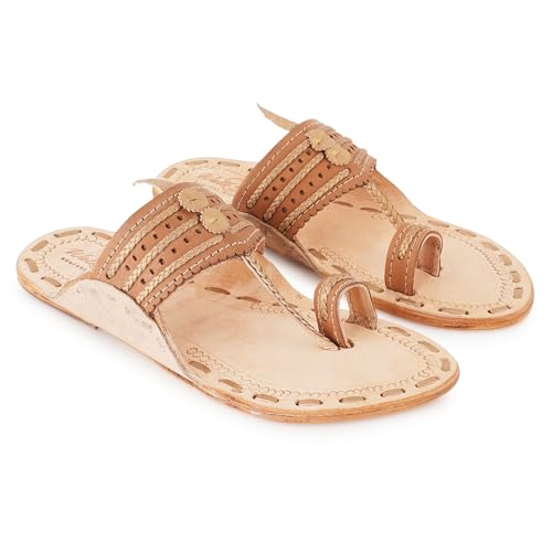Image of Women's Genuine Leather Handmade Kolhapuri Flats Slip Ons Sandals for All Occasions - Beige & Gold