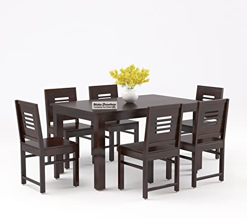 Image of Wooden Dining Set 6 Seater with Chairs | Solid Sheesham Wood 6 Seater Dining Table for Home and Dining Room Sets | Walnut Finish