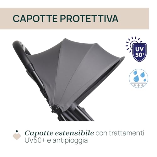 Chicco Urbino, Passeggino 0+ Mesi-22 Kg, Passeggino Leggero con Chiusura Smart e Compatta, Capotte Estensibile con Trattamenti UV50+ Antipioggia, Schienale Reclinabile, Regolabile, Poggiagambe, Grigio - 4