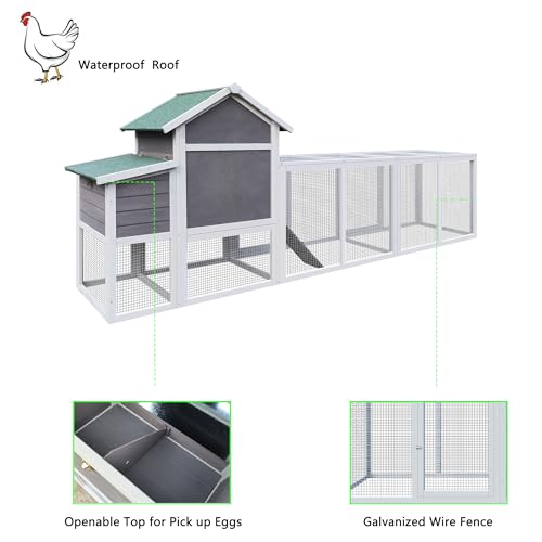 YOPTO 122\" Large Chicken Coop with Run,Outdoor Chicken Run W/Nesting Box & Perch,Wooden Hen House W/Ramp & Sliding Trays,Waterproof Poultry Cage W/Sloped Asphalt Roof,for 3-4 Chickens,Gray - Thumbnail 5
