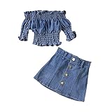 【Diseño】 Elegante estilo de mezclilla de color sólido, top de mezclilla con hombros descubiertos y faldas de una línea. Falda corta informal con cuello de barco y volantes, con botón a juego, hace que tu niña sea más adorable y a la moda.
