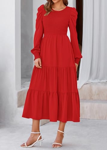 KIRUNDO Fall Dresses for Women 2025 Long Sleeve Maxi Wedding Guest Smocked Crew Neck Empire Waist A Line Flowy Long Dress3