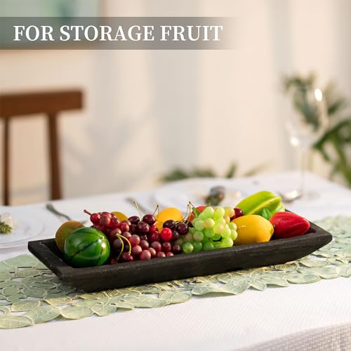 Hanobe Decorative Wood Dough Bowl: Large Long Wooden Centerpiece Table Decorations Natural Candle Holder Tray Decor Rustic Unfinished Centerpieces for Dining Room Kitchen Fruit Bowls, Black - Image 2