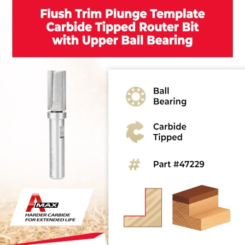 Image of Amana Tool 47229 Carbide Tipped Flush Trim Plunge Template 5 /8 D x 1-1 /4 Inch CH x 1 /2 SHK w /Upper Ball Bearing Router Bit