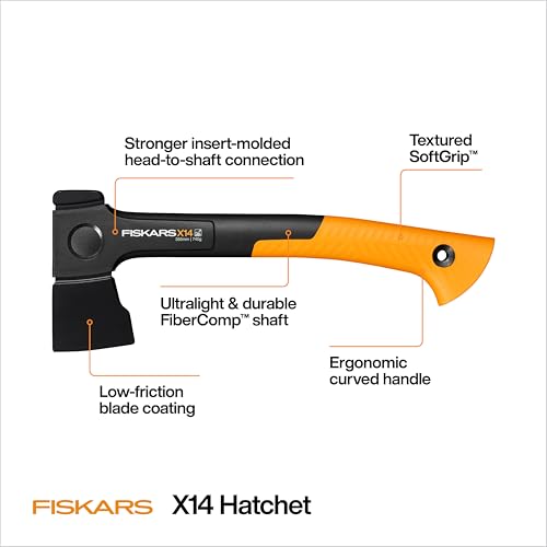 Image of Fiskars X14 Universal Hatchet 14 inch, Forged Steel Blade for Limbing & Chopping Kindling, Ergonomic Curved FiberComp Handle & Low-Friction Coating for Clean Cuts in Fresh Resinous Wood