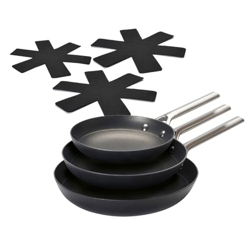 Qulinart 3er-Set emaillierte Gusseisenpfannen, Wabenstruktur, Edelstahlgriffe und 3 Schonern, PFOA-frei, kratzfeste Antihaftbeschichtung – für alle Herdarten, auch Induktion – Schwarz, Ø 20/24/28 cm